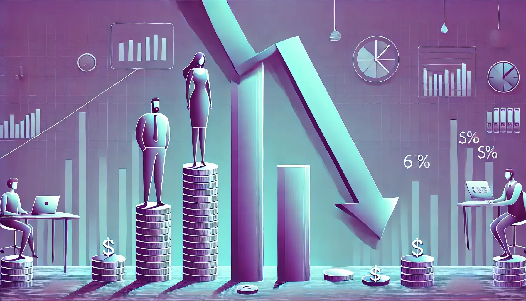 DALL·E 2024-07-09 16.23.54 - A very simple, modern, and minimalist illustration in shades of purple and turquoise visualizing corporate losses due to wage discrimination. The imag.webp