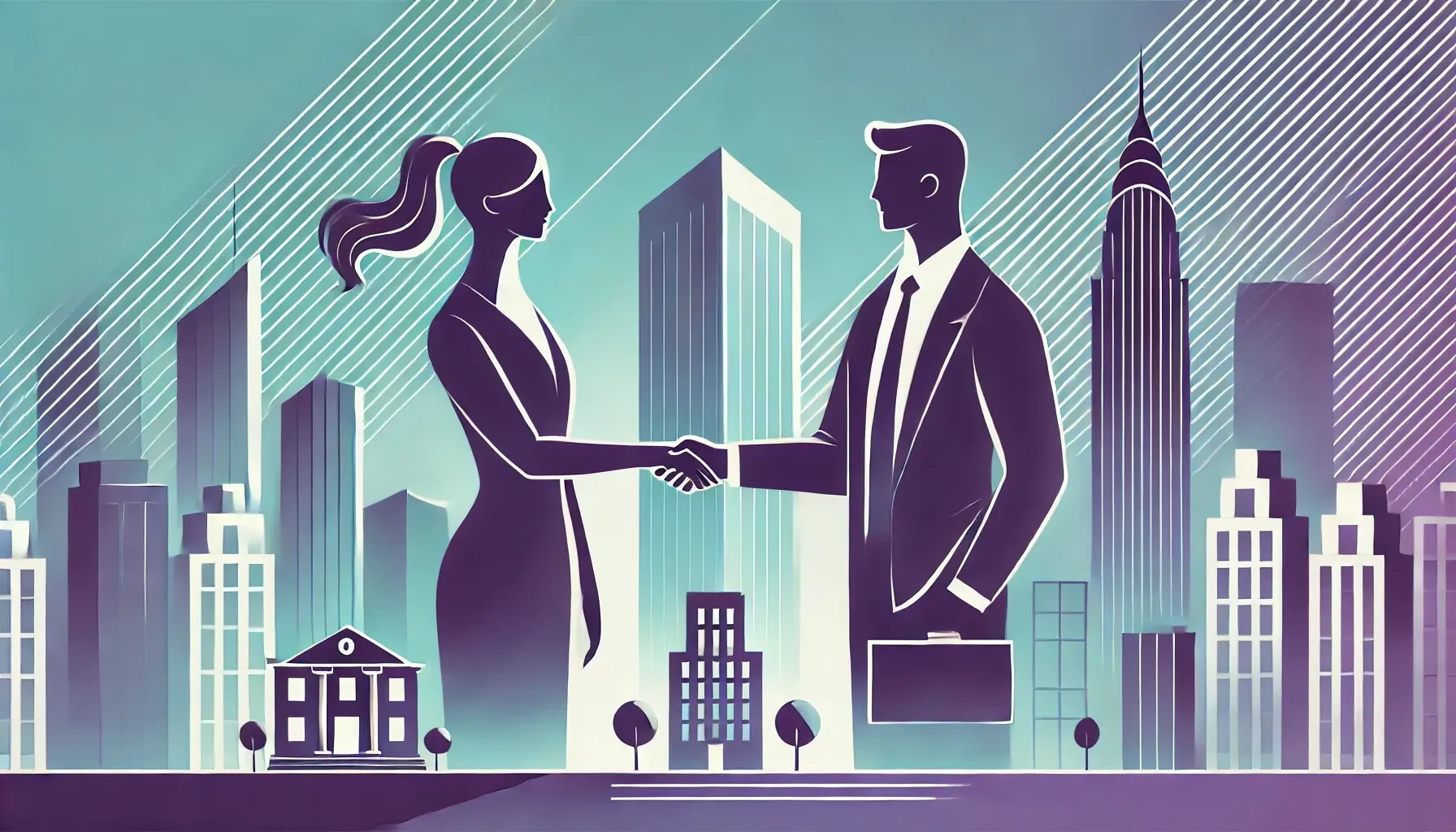 DALL·E 2024-07-09 16.27.09 - A modern, minimalist illustration in shades of purple and turquoise representing correct conduct and agreement in corporate practices. The image featu.webp
