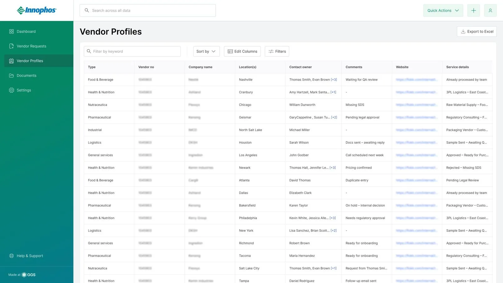 Vendor Profiles view in the Innophos vendor onboarding platform